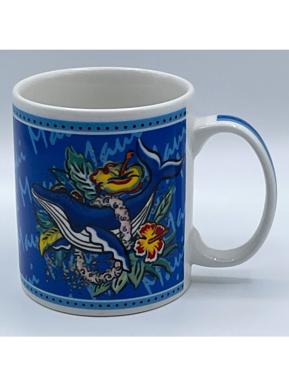 Hilo Hattie Hawaii Maui Blue Whale & Hibiscus Floral Coffee Mug 2002